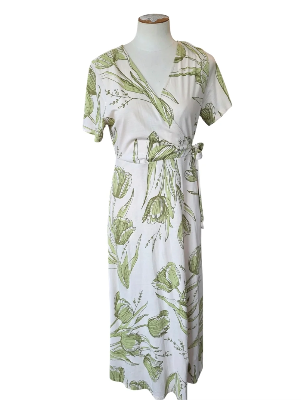 Organic Cotton Faux Wrap Dress Womens Size L Green Floral Midi Short Sleeve - Picture 2 of 9